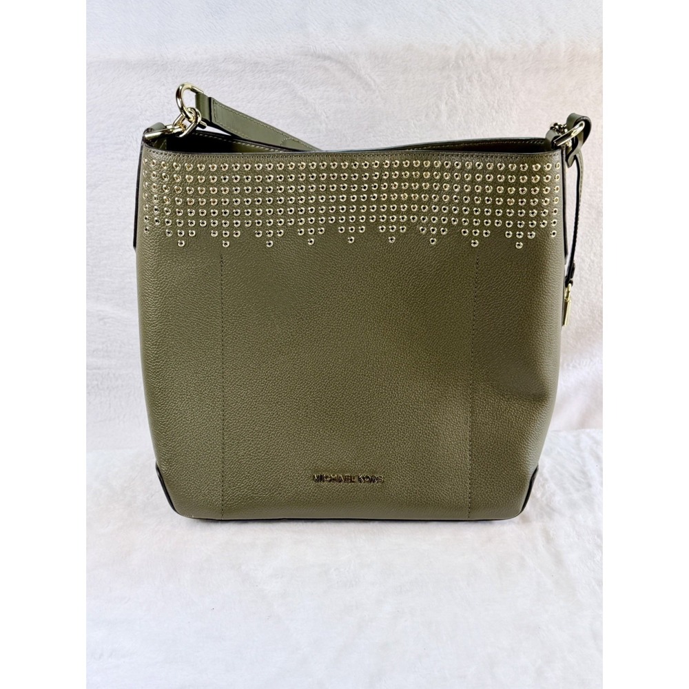 Michael Kors Hayes Large Bucket Shoulder Bag EUC Olive Ballet Studded Leather